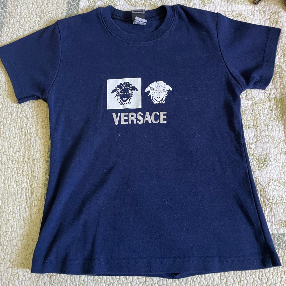 Vintage Versace Womens Navy fitted Tee with logo